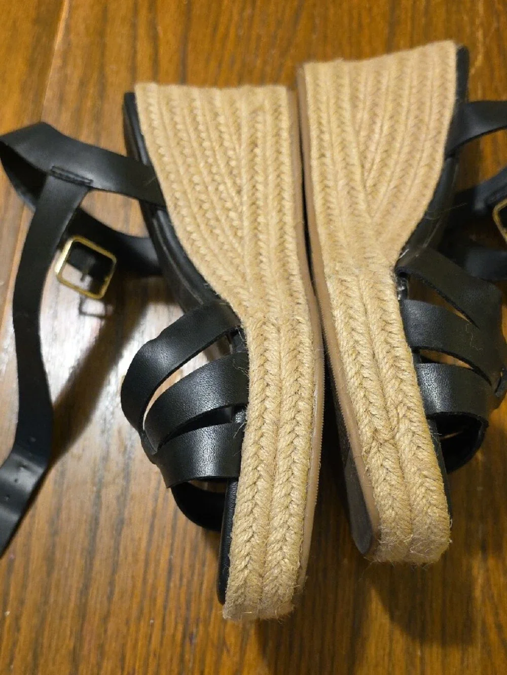 Time and Tru Black Espadrille Wedge Sandals with Gold Buckle